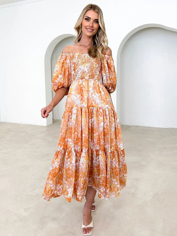 Vacation Dresses- Elegant Floral Off-Shoulder Midi Dress for Vacation with Balloon Sleeves- Yellow- IndioGear Fashion and Gear