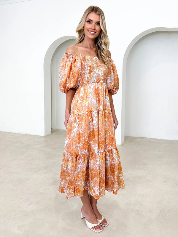 Vacation Dresses- Elegant Floral Off-Shoulder Midi Dress for Vacation with Balloon Sleeves- - IndioGear Fashion and Gear