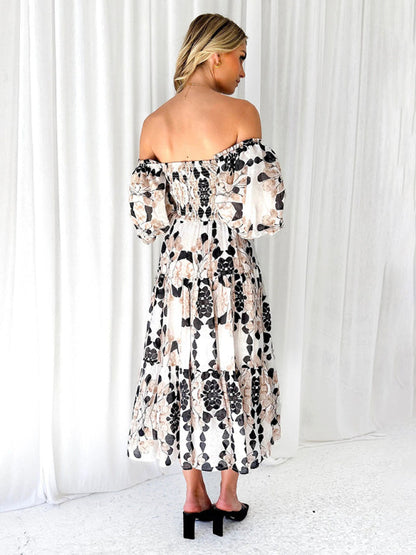 Vacation Dresses- Elegant Floral Off-Shoulder Midi Dress for Vacation with Balloon Sleeves- - IndioGear Fashion and Gear