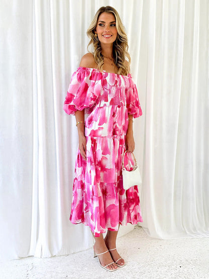 Vacation Dresses- Elegant Floral Off-Shoulder Midi Dress for Vacation with Balloon Sleeves- - IndioGear Fashion and Gear