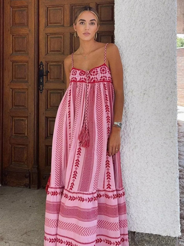 Vacation Dresses- Empire Waist Crochet Patchwork Vacation Dress- Pink- IndioGear Fashion and Gear