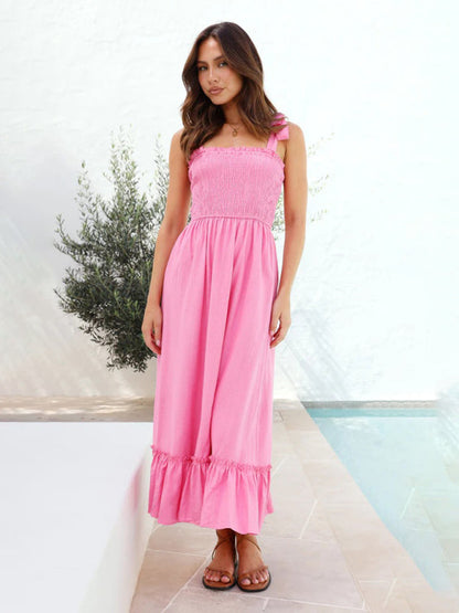 Vacation Dresses- Solid Cami Midi Dress with Smocked Bodice & Frill Accents- Pink- IndioGear Fashion and Gear