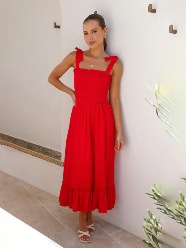 Vacation Dresses- Solid Cami Midi Dress with Smocked Bodice & Frill Accents- - IndioGear Fashion and Gear