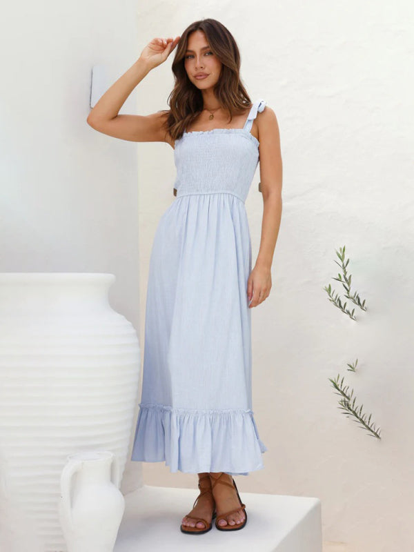 Vacation Dresses- Solid Cami Midi Dress with Smocked Bodice & Frill Accents- - IndioGear Fashion and Gear