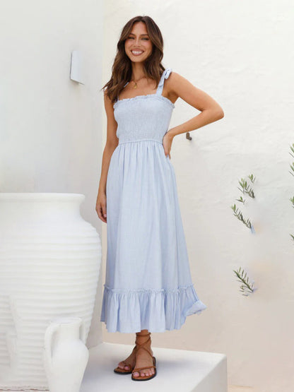 Vacation Dresses- Solid Cami Midi Dress with Smocked Bodice & Frill Accents- Clear blue- IndioGear Fashion and Gear