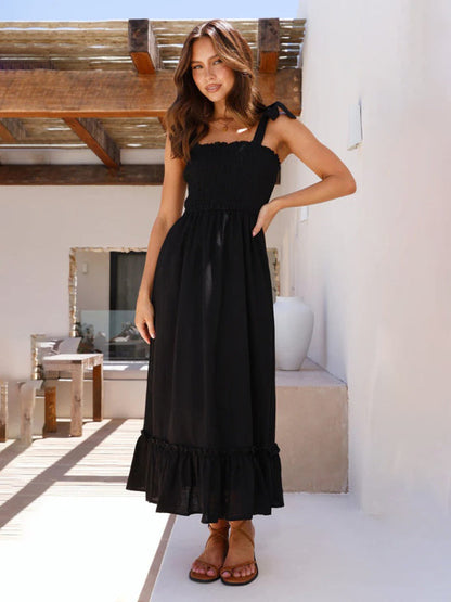 Vacation Dresses- Solid Cami Midi Dress with Smocked Bodice & Frill Accents- Black- IndioGear Fashion and Gear