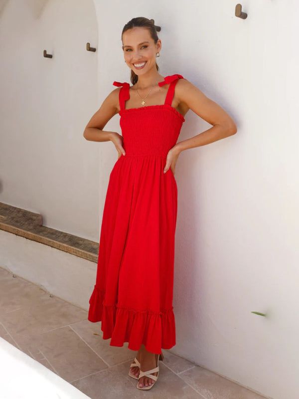 Vacation Dresses- Solid Cami Midi Dress with Smocked Bodice & Frill Accents- Red- IndioGear Fashion and Gear