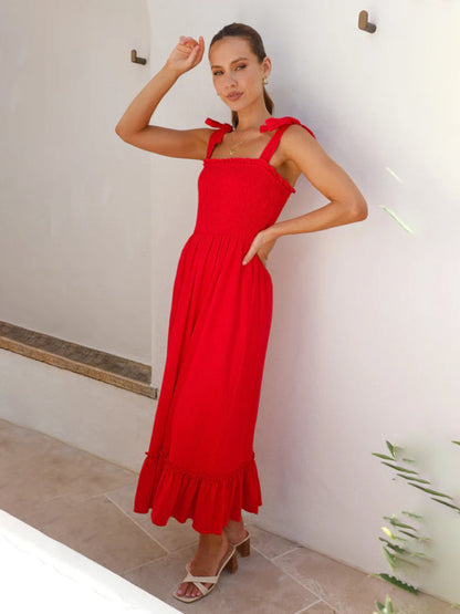 Vacation Dresses- Solid Cami Midi Dress with Smocked Bodice & Frill Accents- - IndioGear Fashion and Gear