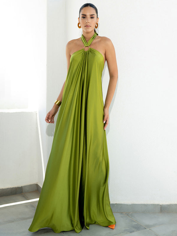 Vacation Dresses- Solid Satin Halter Backless Maxi Dress for Vacation- Green- IndioGear Clothing and Gear