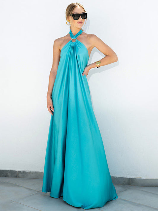 Vacation Dresses- Solid Satin Halter Backless Maxi Dress for Vacation- Blue- IndioGear Clothing and Gear