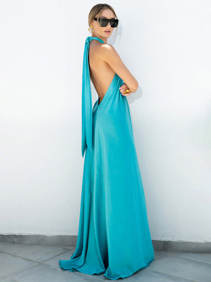 Vacation Dresses- Solid Satin Halter Backless Maxi Dress for Vacation- - IndioGear Clothing and Gear