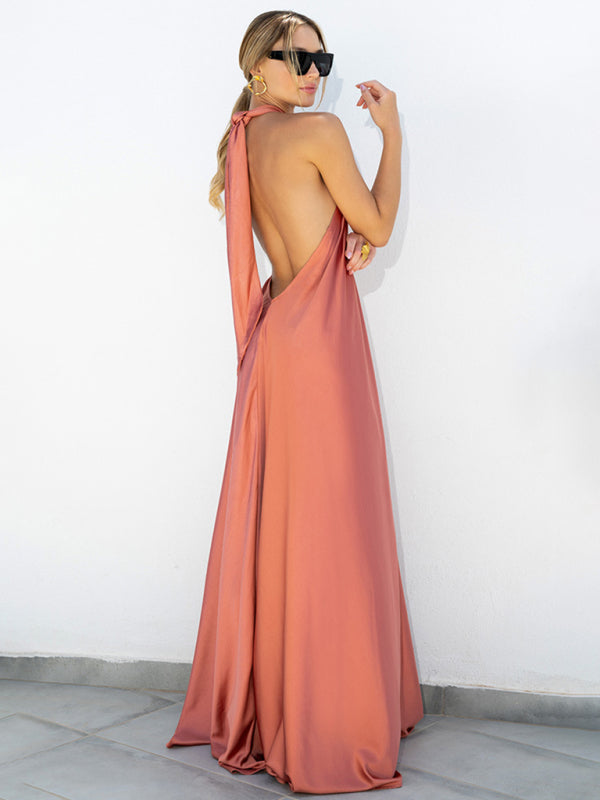 Vacation Dresses- Solid Satin Halter Backless Maxi Dress for Vacation- - IndioGear Clothing and Gear