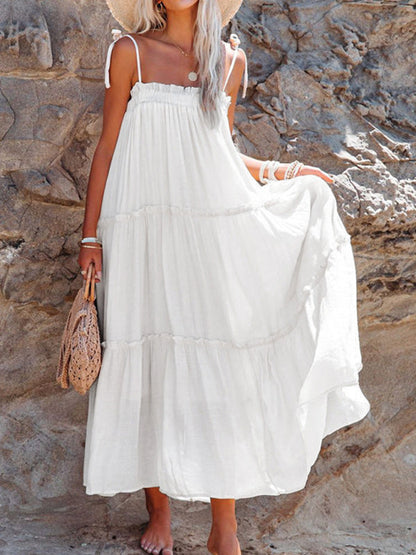 Vacation Dresses- Solid Tie-Shoulder Cami Tent Midi Dress with Tiered Ruffles- - IndioGear Fashion and Gear