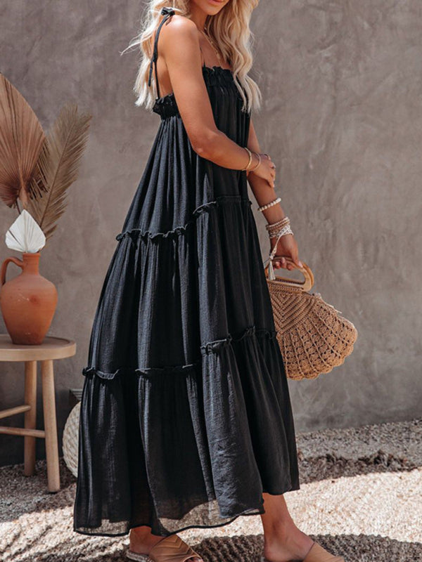 Vacation Dresses- Solid Tie-Shoulder Cami Tent Midi Dress with Tiered Ruffles- - IndioGear Fashion and Gear