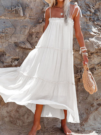 Vacation Dresses- Solid Tie-Shoulder Cami Tent Midi Dress with Tiered Ruffles- White- IndioGear Fashion and Gear