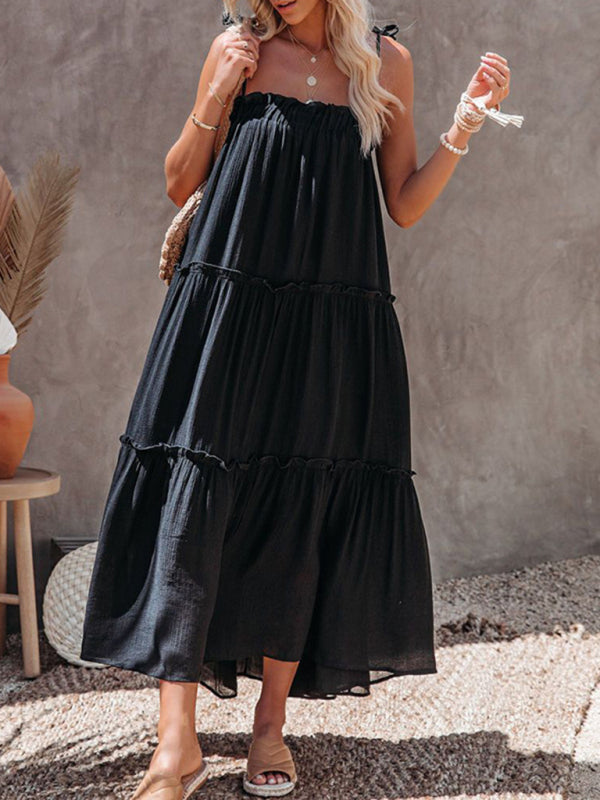 Vacation Dresses- Solid Tie-Shoulder Cami Tent Midi Dress with Tiered Ruffles- - IndioGear Fashion and Gear