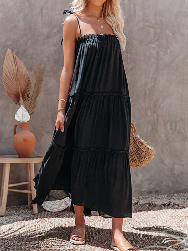 Vacation Dresses- Solid Tie-Shoulder Cami Tent Midi Dress with Tiered Ruffles- - IndioGear Fashion and Gear