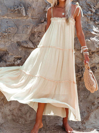 Vacation Dresses- Solid Tie-Shoulder Cami Tent Midi Dress with Tiered Ruffles- Cracker khaki- IndioGear Fashion and Gear