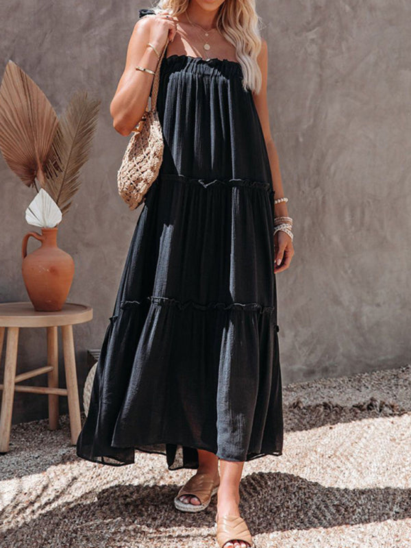 Vacation Dresses- Solid Tie-Shoulder Cami Tent Midi Dress with Tiered Ruffles- - IndioGear Fashion and Gear