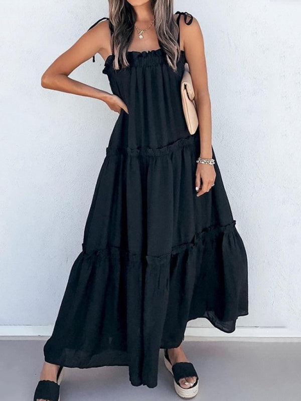 Vacation Dresses- Solid Tie-Shoulder Cami Tent Midi Dress with Tiered Ruffles- Black- IndioGear Fashion and Gear