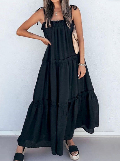 Vacation Dresses- Solid Tie-Shoulder Cami Tent Midi Dress with Tiered Ruffles- Black- IndioGear Fashion and Gear