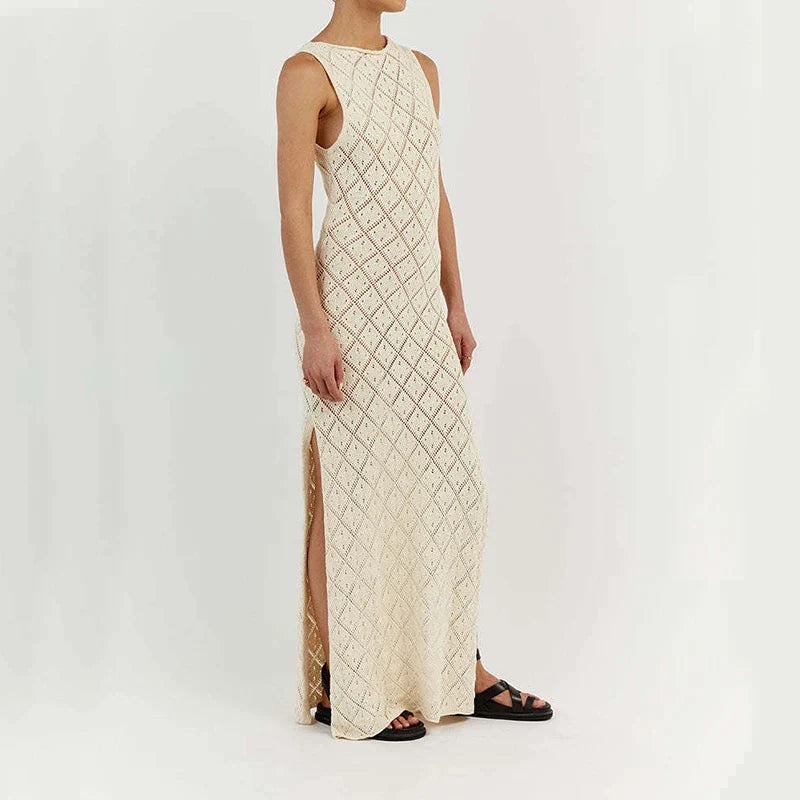 Vacation Dresses- Summer Open Diamond Knit Tank Maxi Dress with Slit- - IndioGear Clothing and Gear