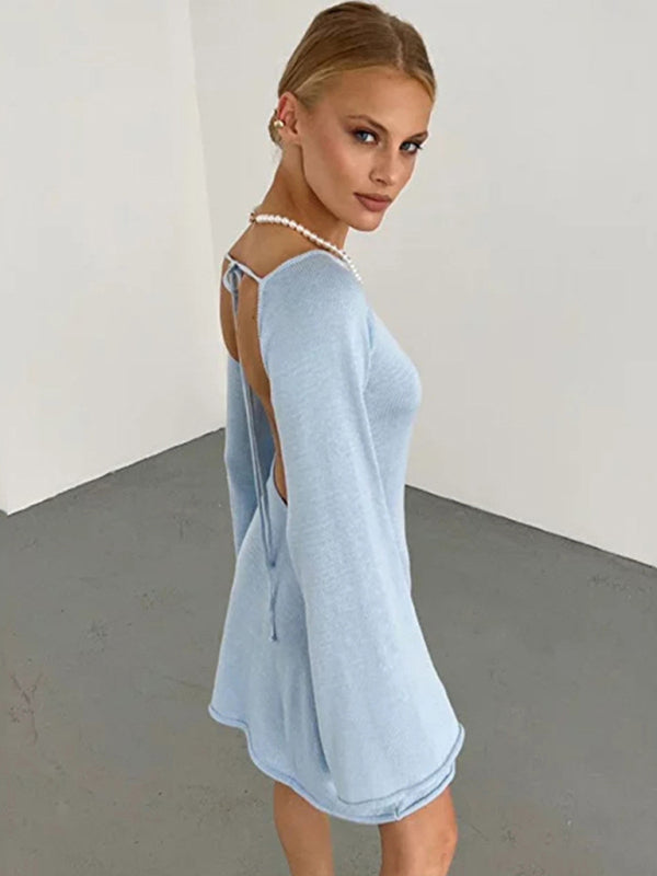 Vacation Dresses- Vacation Bell Sleeve Backless Mini Dress- Clear blue- IndioGear Clothing and Gear