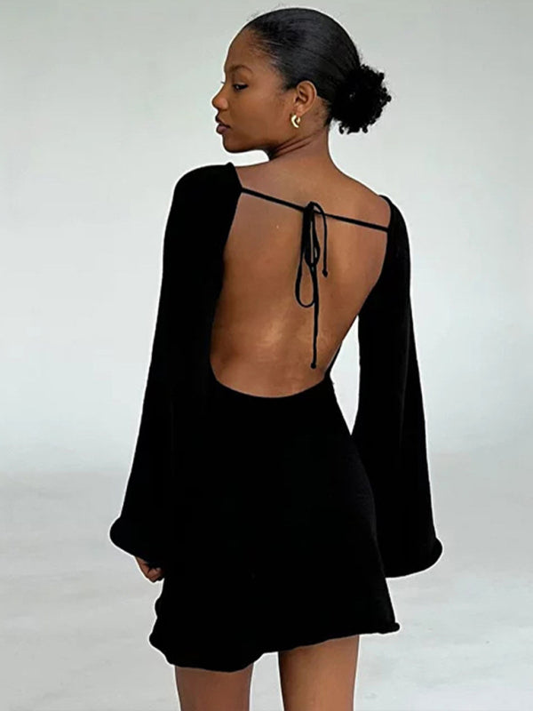 Vacation Dresses- Vacation Bell Sleeve Backless Mini Dress- - IndioGear Clothing and Gear