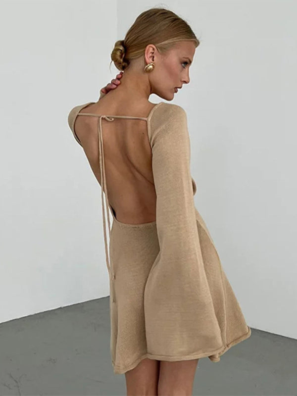 Vacation Dresses- Vacation Bell Sleeve Backless Mini Dress- Khaki- IndioGear Clothing and Gear