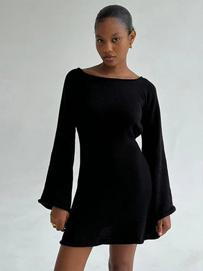 Vacation Dresses- Vacation Bell Sleeve Backless Mini Dress- Black- IndioGear Clothing and Gear