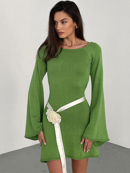 Vacation Dresses- Vacation Bell Sleeve Backless Mini Dress- Green- IndioGear Clothing and Gear