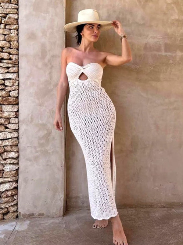 Vacation Dresses- Vacation Knit Strapless Tube Cutout Mermaid Dress for Summer- - IndioGear Fashion and Gear