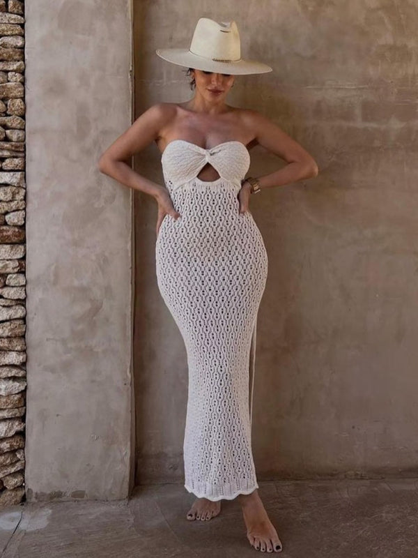 Vacation Dresses- Vacation Knit Strapless Tube Cutout Mermaid Dress for Summer- - IndioGear Fashion and Gear