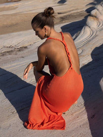 Vacation Dresses- Vacation Knitting Maxi Dress – Backless and Slit- - IndioGear Fashion and Gear