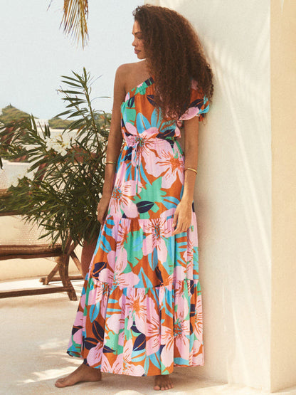 Vacation Dresses- Vacation One Shoulder Puff Sleeves Tiered Ruffle Blouson Maxi Dress.- - IndioGear Fashion and Gear