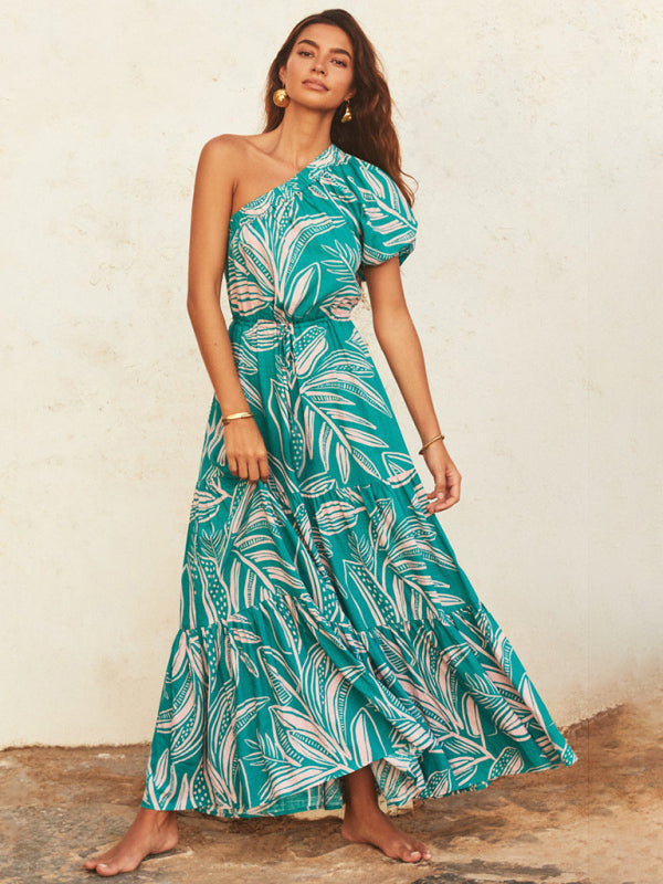 Vacation Dresses- Vacation One Shoulder Puff Sleeves Tiered Ruffle Blouson Maxi Dress.- Green- IndioGear Fashion and Gear