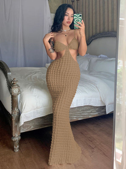 Vacation Dresses- Vacation Textured Bodycon Spaghetti Straps Cut Out Dress- - IndioGear Clothing and Gear