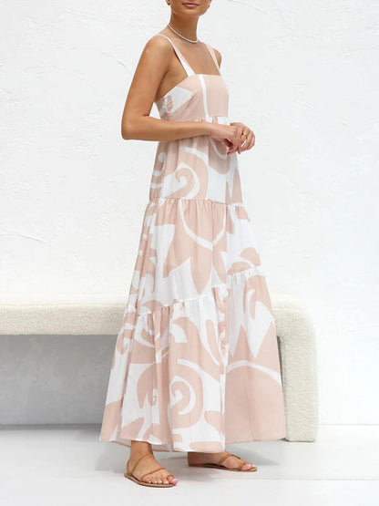 Vacation Dresses- Vacation-ready Tiered Cami Maxi Dress in Pastel Print- - IndioGear Fashion and Gear