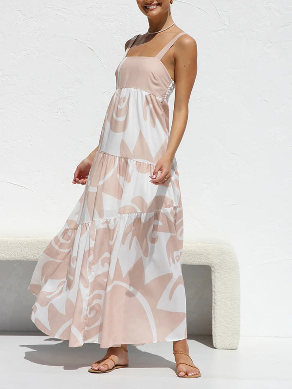 Vacation Dresses- Vacation-ready Tiered Cami Maxi Dress in Pastel Print- - IndioGear Fashion and Gear