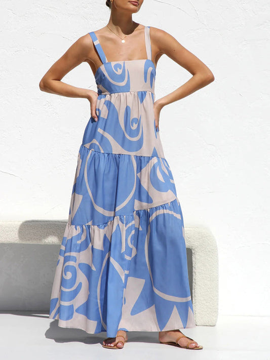 Vacation Dresses- Vacation-ready Tiered Cami Maxi Dress in Pastel Print- Blue- IndioGear Fashion and Gear