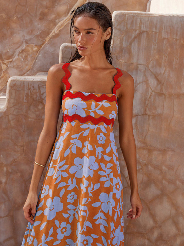 Vacation Dresses- Vacay A-Line Cami Long Dress in Vibrant Print & Contrast Wave Trim- - IndioGear Fashion and Gear