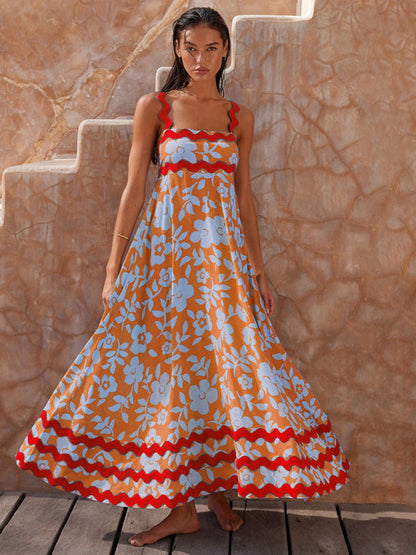 Vacation Dresses- Vacay A-Line Cami Long Dress in Vibrant Print & Contrast Wave Trim- Orange- IndioGear Fashion and Gear