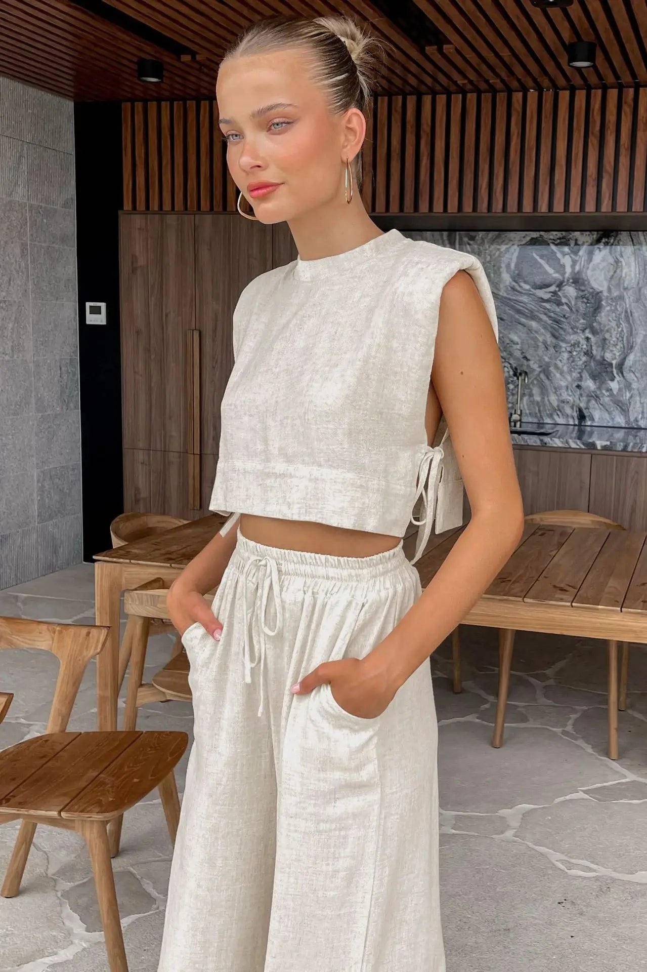 Vacation Outfit Set- 2-Piece Cotton Linen Lounge Outfit for Vacay - Crop Tie Top & Linen Pants- - IndioGear Fashion and Gear