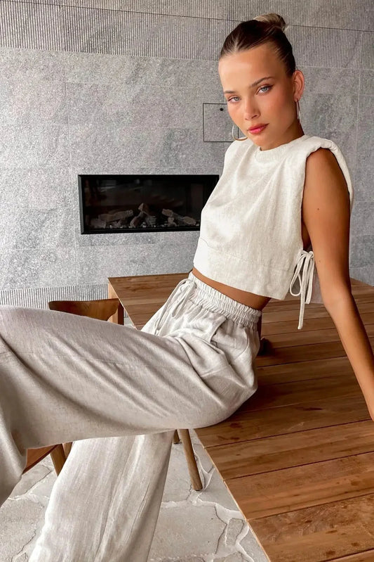 Vacation Outfit Set- 2-Piece Cotton Linen Lounge Outfit for Vacay - Crop Tie Top & Linen Pants- Khaki- IndioGear Fashion and Gear