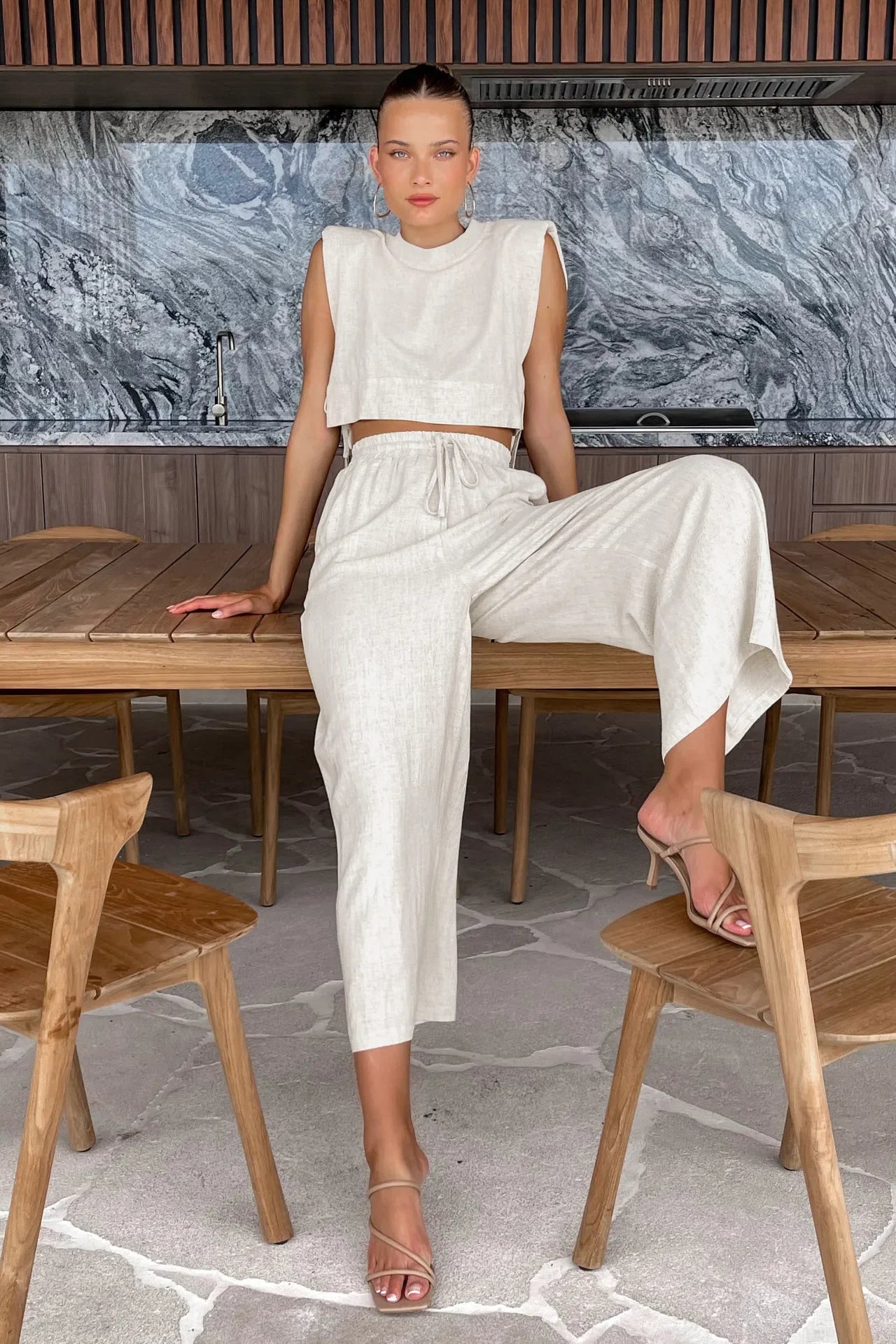 Vacation Outfit Set- 2-Piece Cotton Linen Lounge Outfit for Vacay - Crop Tie Top & Linen Pants- - IndioGear Fashion and Gear