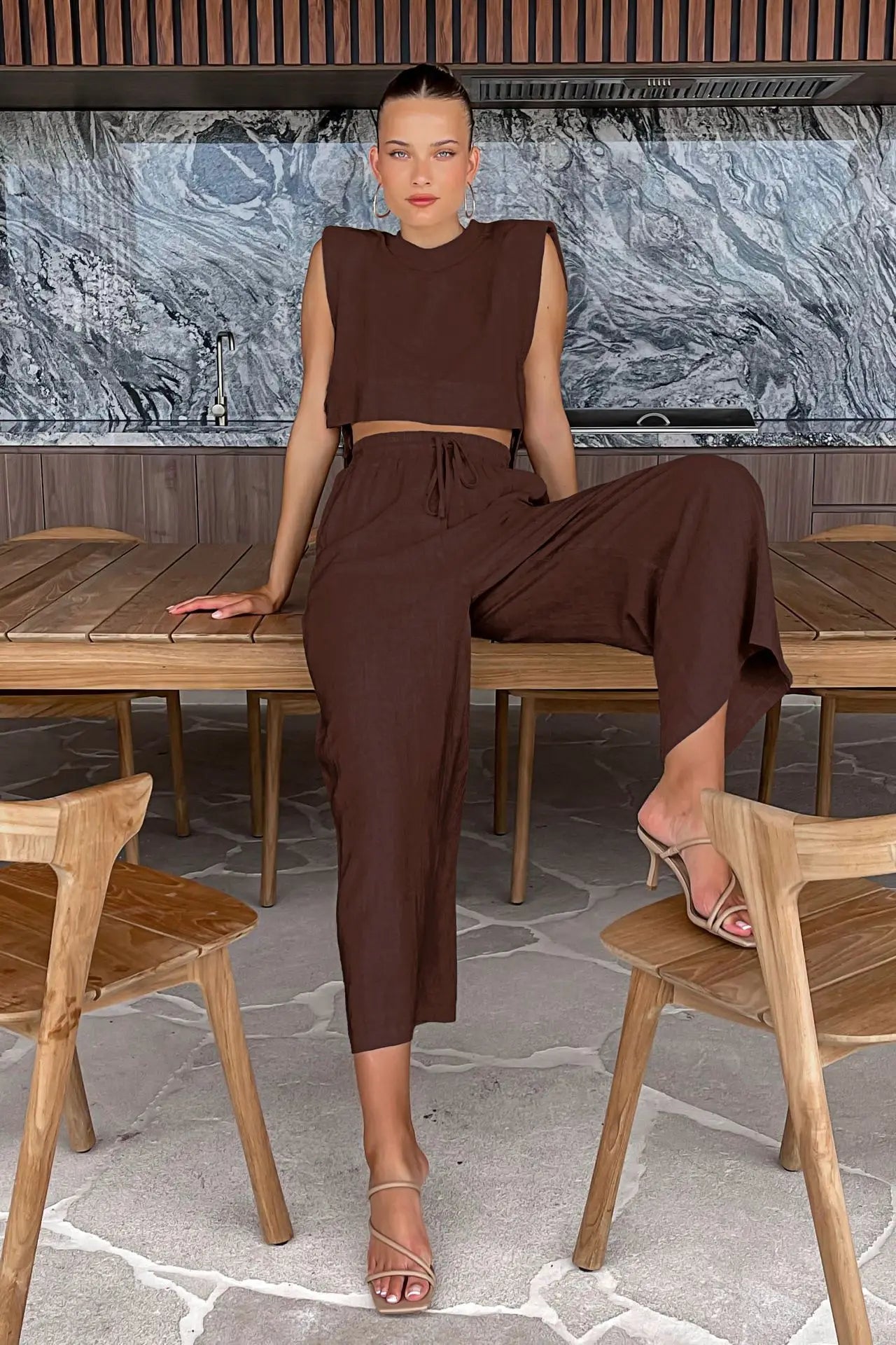 Vacation Outfit Set- 2-Piece Cotton Linen Lounge Outfit for Vacay - Crop Tie Top & Linen Pants- Brown- IndioGear Fashion and Gear