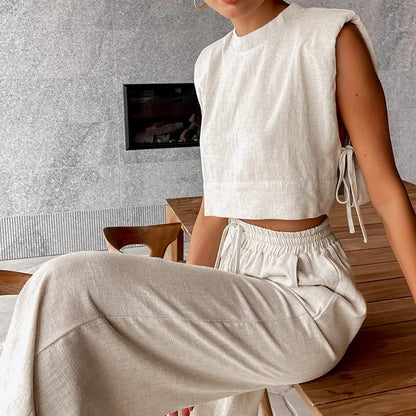 Vacation Outfit Set- 2-Piece Cotton Linen Lounge Outfit for Vacay - Crop Tie Top & Linen Pants- - IndioGear Fashion and Gear