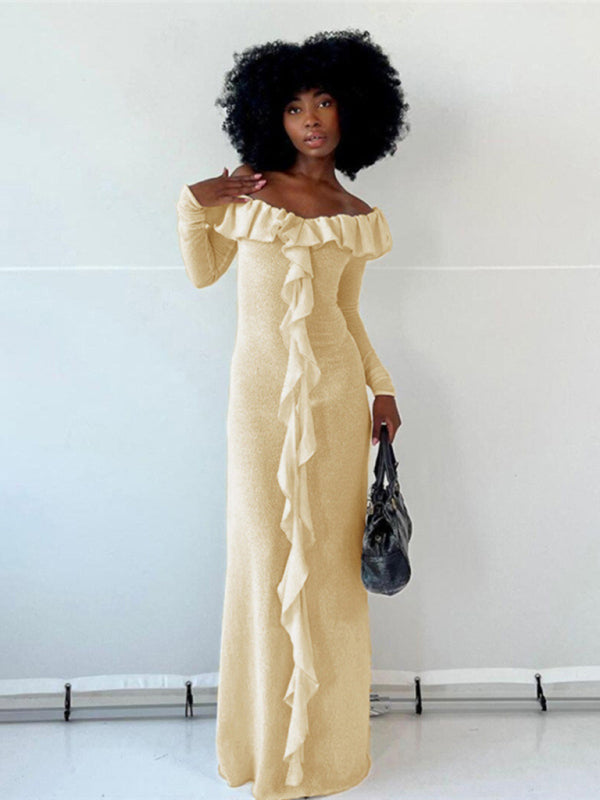 Vacation dresses- Vacation Textured Autumn Off Shoulder Ruffle Maxi Dress- - IndioGear Clothing and Gear