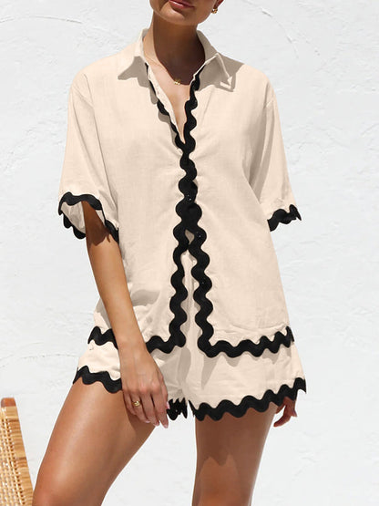 Vacation outfit-Summer Vacation 2-Piece Wave Contrast Lace Shirt and Shorts-Pekosa Women Clothing