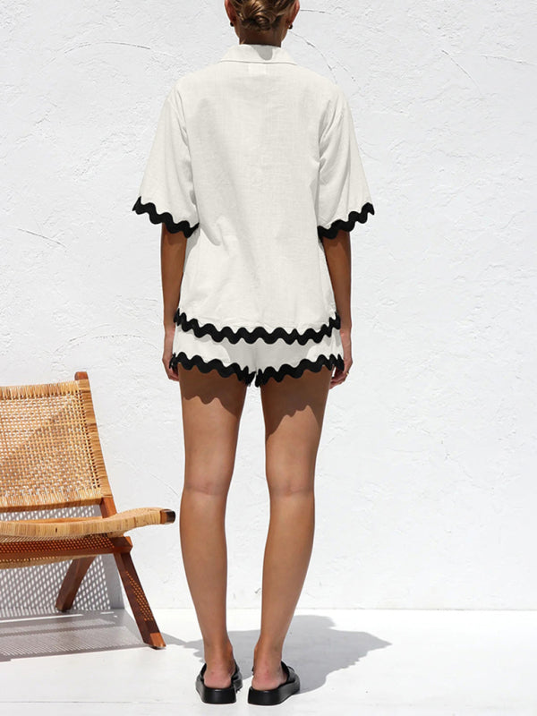 Vacation outfit-Summer Vacation 2-Piece Wave Contrast Lace Shirt and Shorts-Pekosa Women Clothing